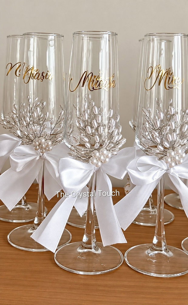 Pahare de nuntă personalizate cu perle, fundă din satin și decor elegant