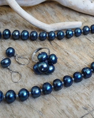 Set perle de cultura naturale, argint rodiat / colier, cercei, inel