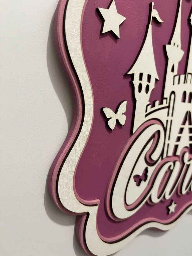 Decoratiune personalizata cu nume pentru camera de fetita, cu castel de poveste si fundita cocheta