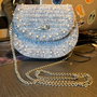 Geanta handmade din fir de catifea gri cu perle si lant, poseta eleganta de umar / crossbody