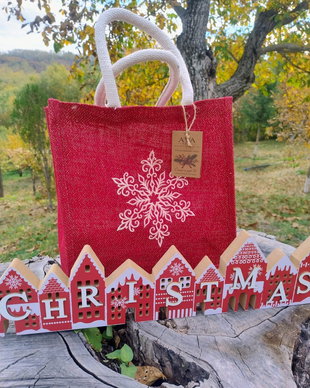 Sacoșă mare roșie din iută cu fir metalic, brodată cu fulg de nea  AYA HOME