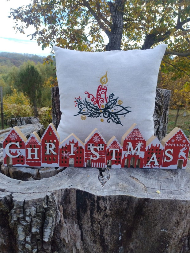 Pernă decorativă premium din in pre-spălat, cu broderie de Crăciun Lumânare festivă | AYA HOME