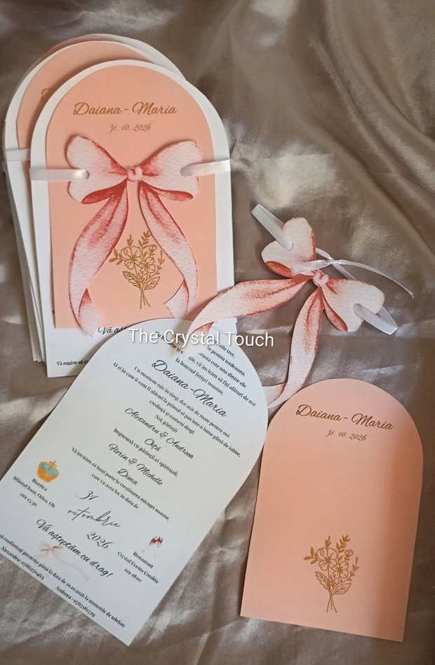 Invitații de botez personalizate cu fundă 3D The Crystal Touch