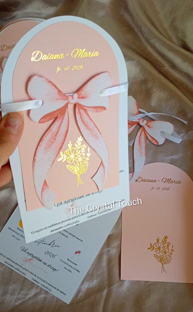 Invitații de botez personalizate cu fundă 3D The Crystal Touch
