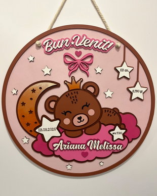 Decoratiune Personalizată Nou Nascut Fetita cu datele nasterii, Tablou 3D din MDF Cameră Copil