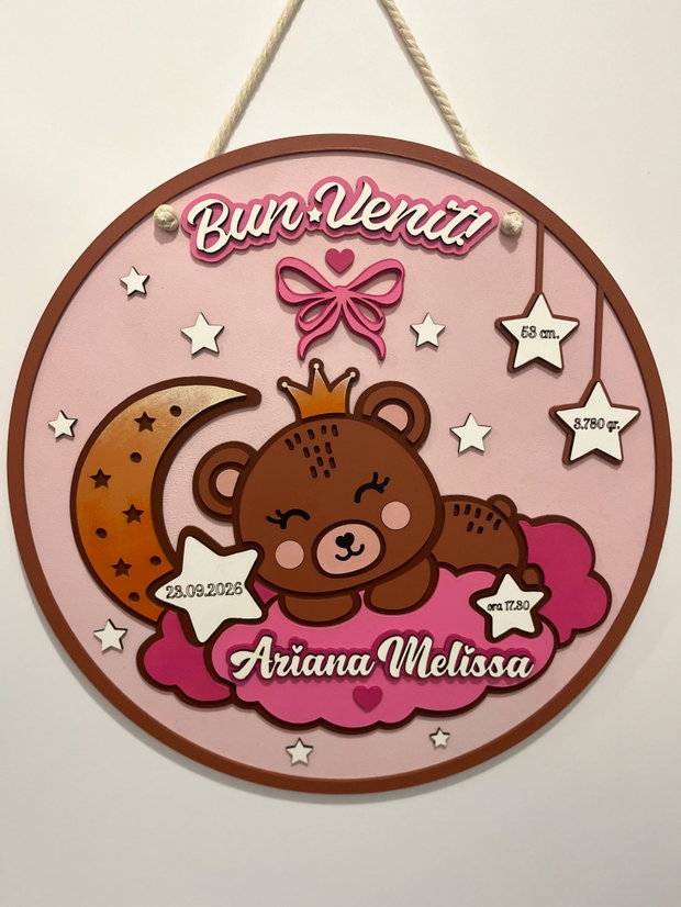Decoratiune Personalizată Nou Nascut Fetita cu datele nasterii, Tablou 3D din MDF Cameră Copil