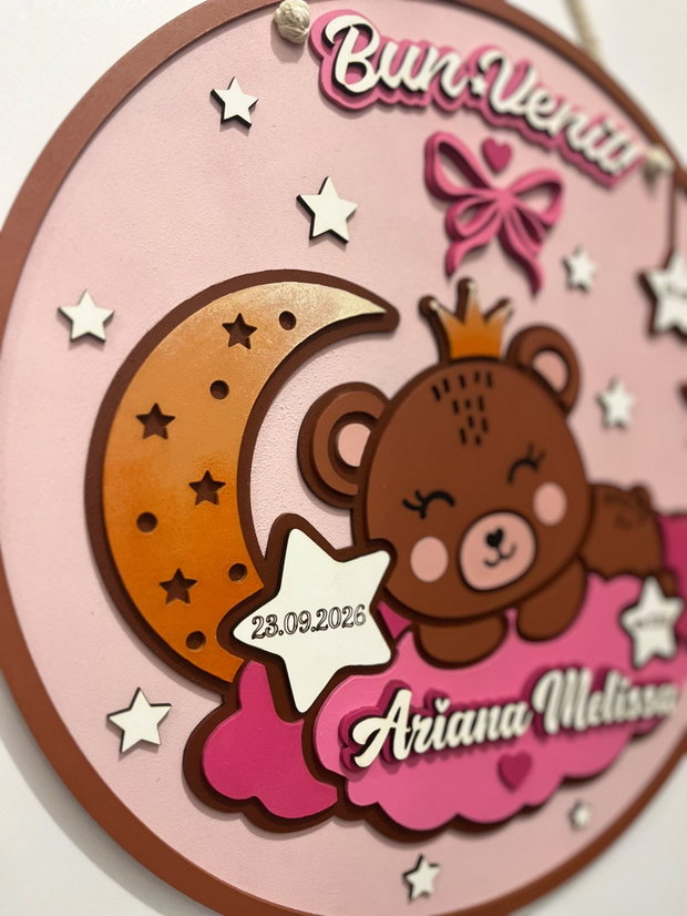 Decoratiune Personalizată Nou Nascut Fetita cu datele nasterii, Tablou 3D din MDF Cameră Copil