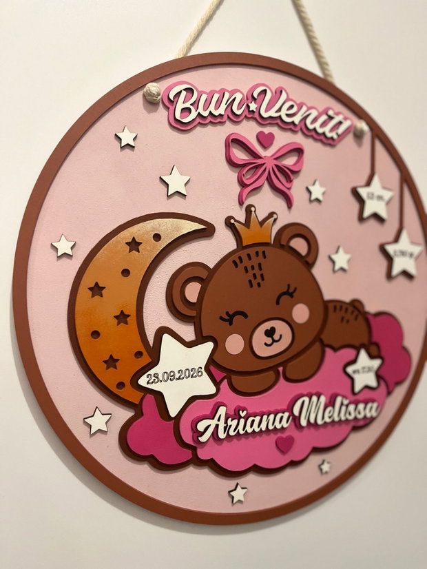 Decoratiune Personalizată Nou Nascut Fetita cu datele nasterii, Tablou 3D din MDF Cameră Copil