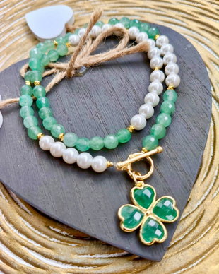 Colier Aventurin verde & perle albe de Mallorca