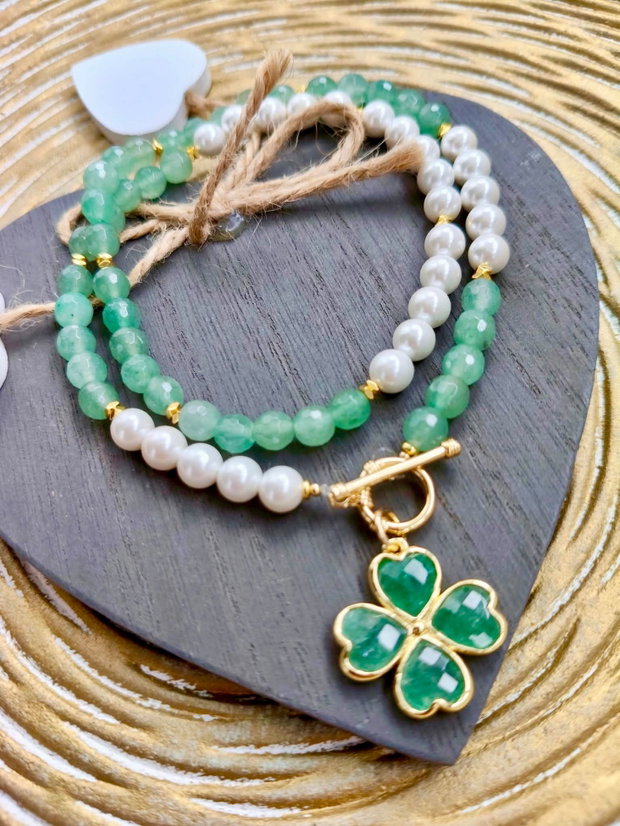 Colier Aventurin verde & perle albe de Mallorca
