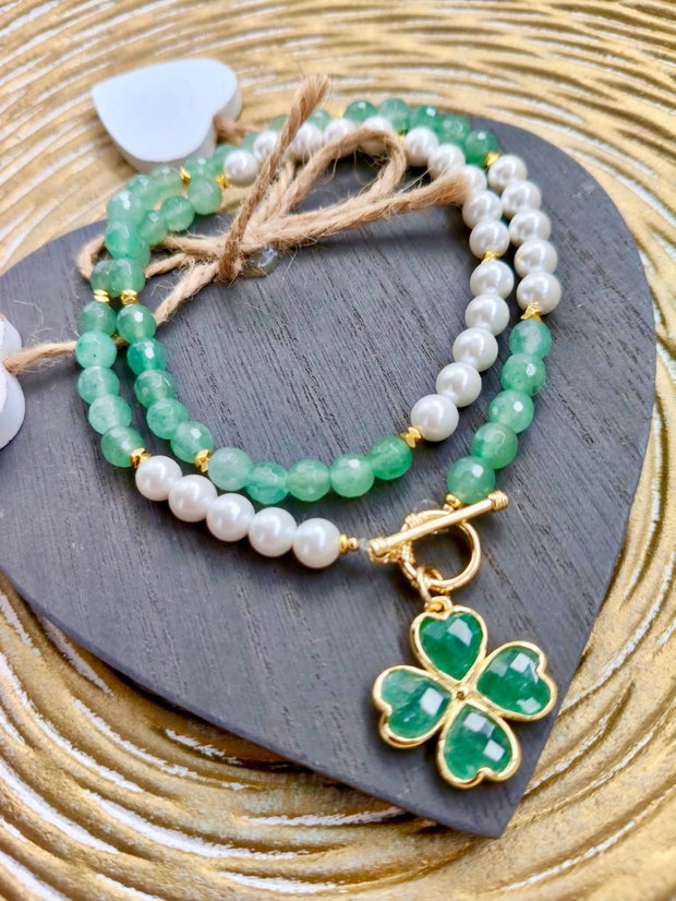 Colier Aventurin verde & perle albe de Mallorca