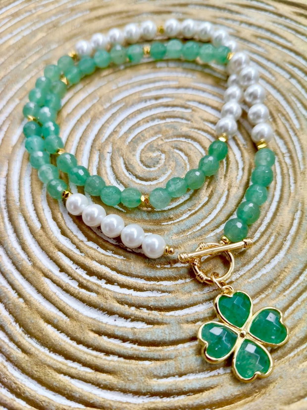 Colier Aventurin verde & perle albe de Mallorca