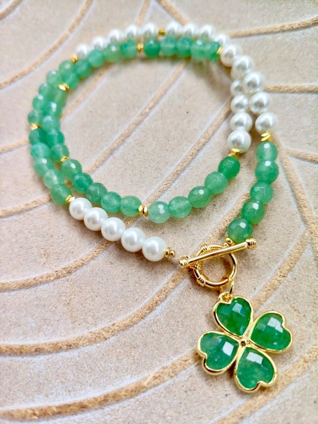 Colier Aventurin verde & perle albe de Mallorca
