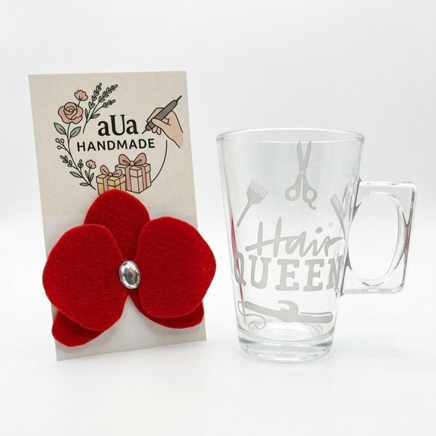 Set Cadou pentru coafeza, Cana sticla gravata manual Hair Queen si Brosa orhidee din fetru rosu