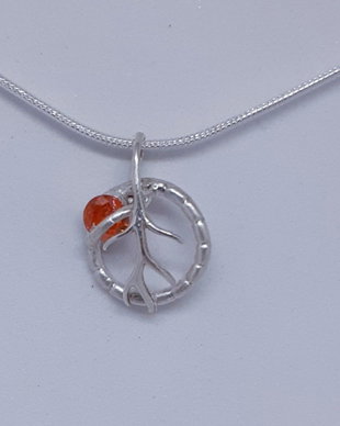 Pandantiv unicat din argint fin, cu design floral si un cristal Cubic Zirconia portocaliu