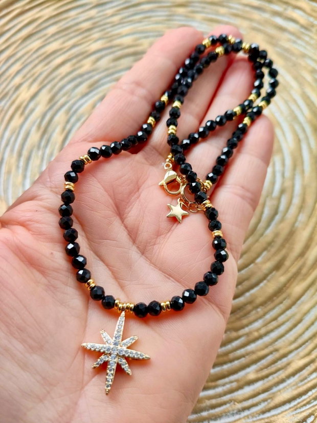Colier CHOKER Turmalina neagra / spinel negru & luceafar auriu