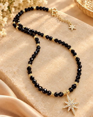 Colier CHOKER Turmalina neagra / spinel negru & luceafar auriu
