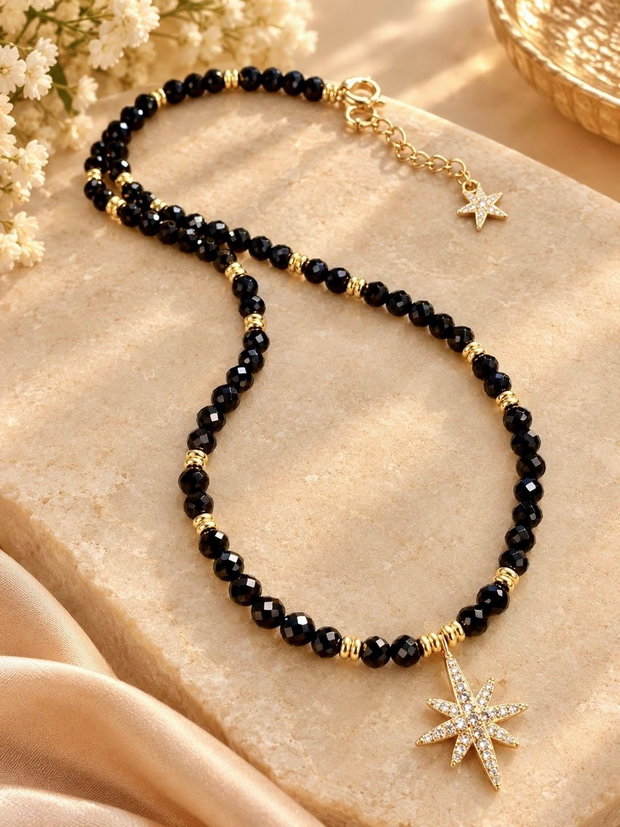 Colier CHOKER Turmalina neagra / spinel negru & luceafar auriu