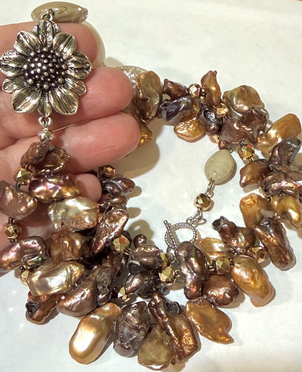 Colier perle naturale,hematit,inox~Taupe Praline ~