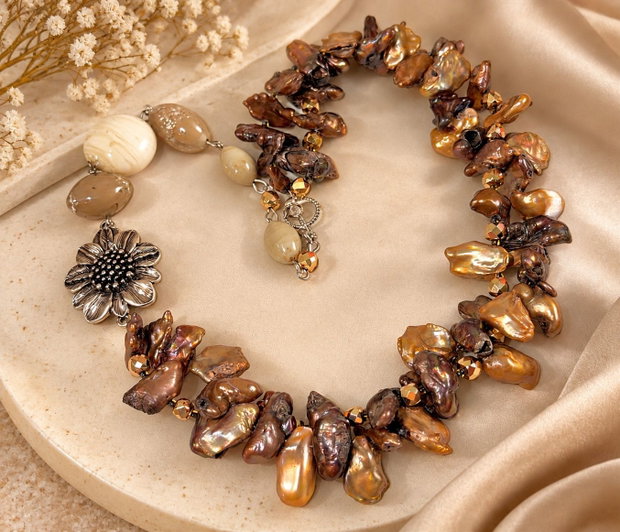 Colier perle naturale,hematit,inox~Taupe Praline ~