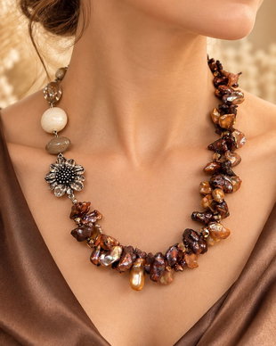 Colier perle naturale,hematit,inox~Taupe Praline ~
