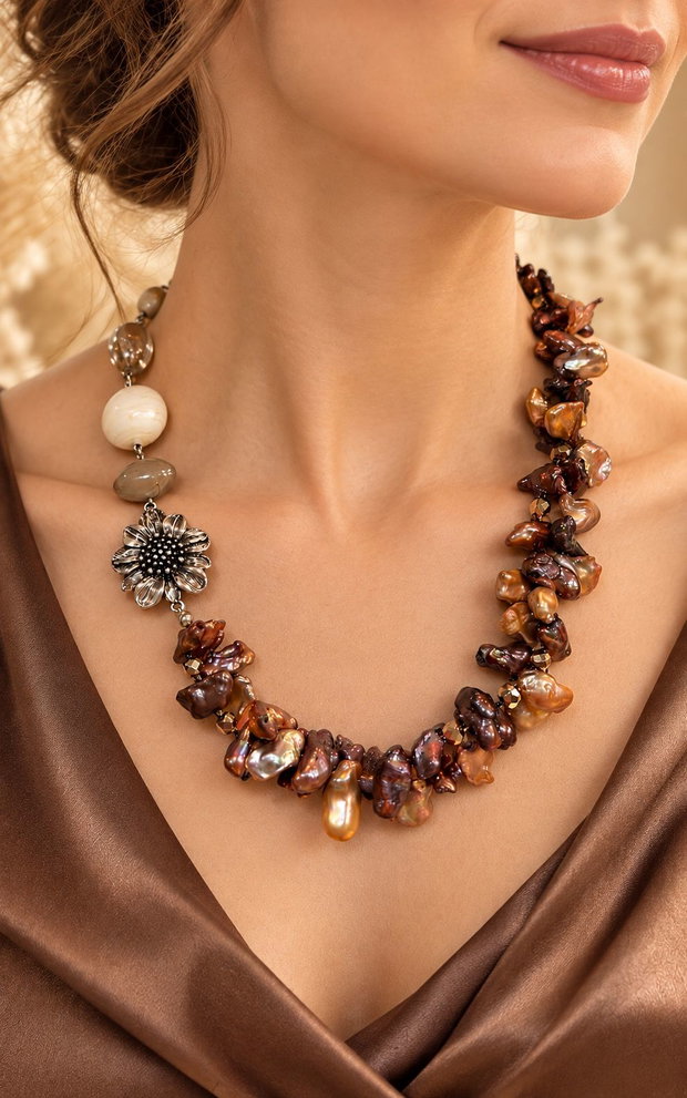 Colier perle naturale,hematit,inox~Taupe Praline ~