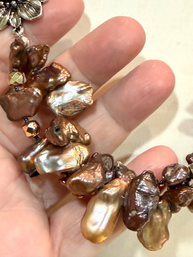 Colier perle naturale,hematit,inox~Taupe Praline ~