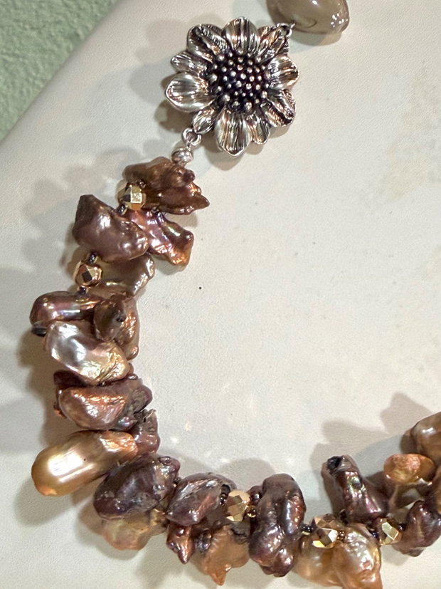 Colier perle naturale,hematit,inox~Taupe Praline ~