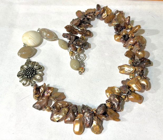 Colier perle naturale,hematit,inox~Taupe Praline ~