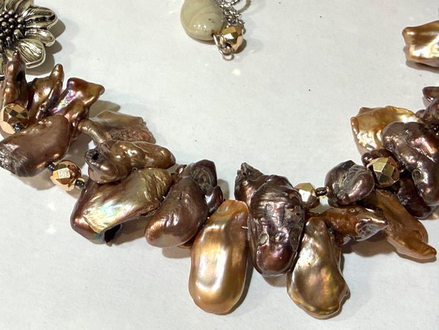 Colier perle naturale,hematit,inox~Taupe Praline ~