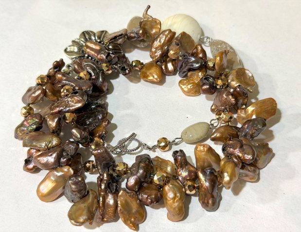 Colier perle naturale,hematit,inox~Taupe Praline ~