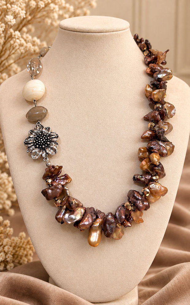 Colier perle naturale,hematit,inox~Taupe Praline ~