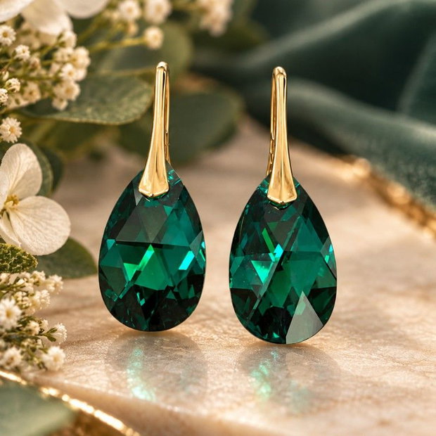 Cercei Swarovski Picătură Emerald Shimmer Argint 925 suflat cu aur