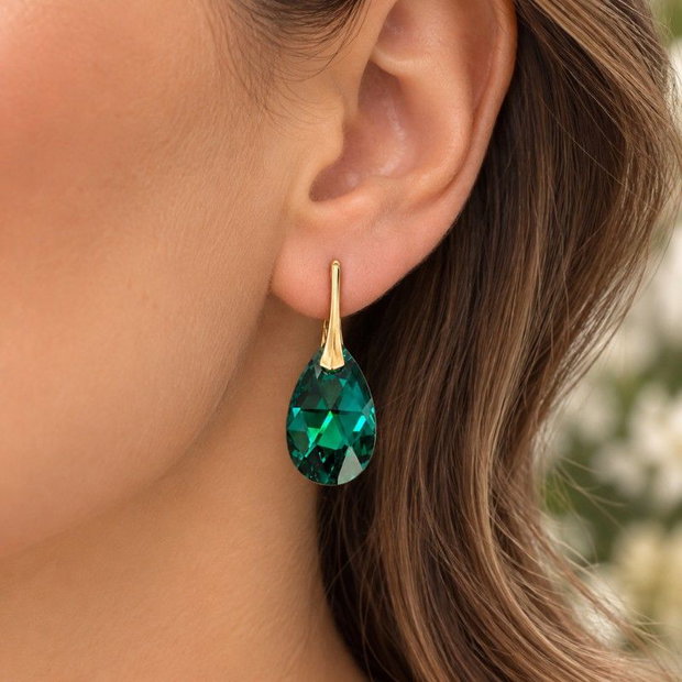 Cercei Swarovski Picătură Emerald Shimmer Argint 925 suflat cu aur