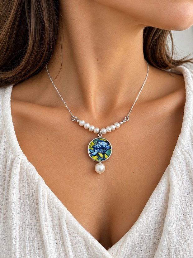 Colier "Delicate Iris" cu pandantiv din argint, perle de cultura si fragment de portelan