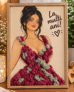 Tablou handmade personalizat A4  Portret cu rochie decorată cu licheni naturali