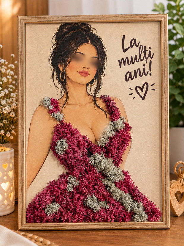 Tablou handmade personalizat A4 Portret cu rochie decorată cu licheni naturali
