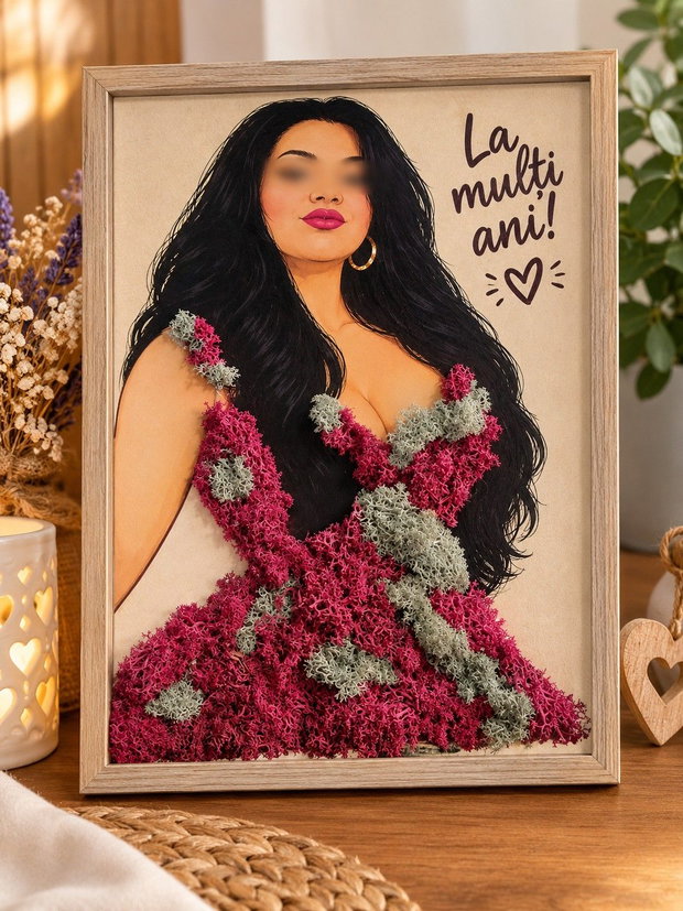 Tablou handmade personalizat A4 Portret cu rochie decorată cu licheni naturali