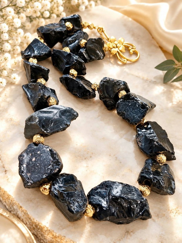 Colier obsidian negru brut