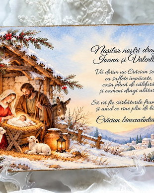 Plachetă decorativă din lemn masiv - cadou de Crăciun pentru nasi, fini