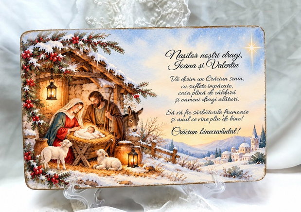Plachetă decorativă din lemn masiv - cadou de Crăciun pentru nasi, fini