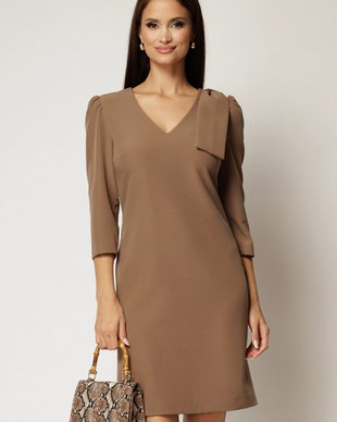 Rochie DY Fashion bej cu decolteu V si funda pe umar