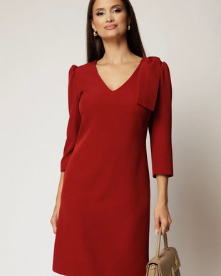 Rochie DY Fashion bordo cu decolteu V si funda pe umar