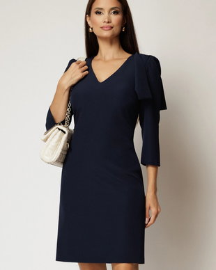 Rochie DY Fashion bleumarin cu decolteu V si funda pe umar