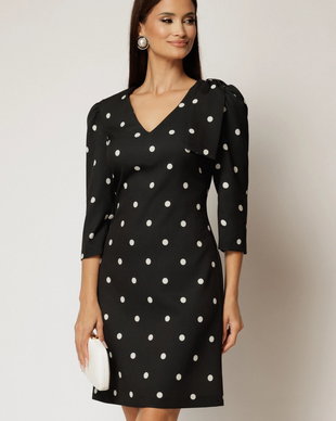 Rochie DY Fashion neagra cu buline cu decolteu V si funda pe umar