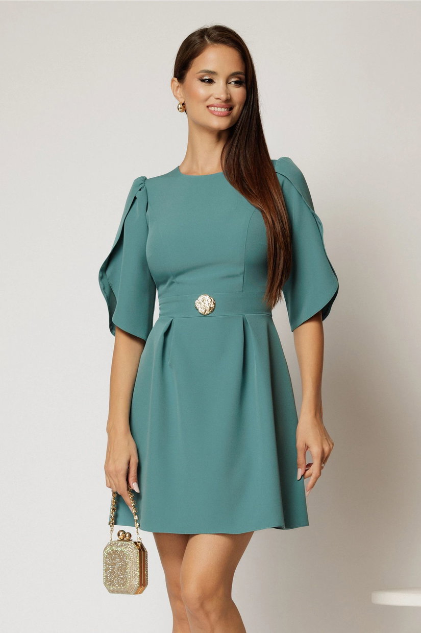 Rochie scurta turcoaz cu accesoriu in talie si maneci tip lalea