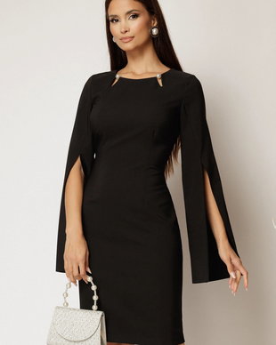 Rochie DY Fashion scurta neagra cu maneci crapate si perle la decolteu