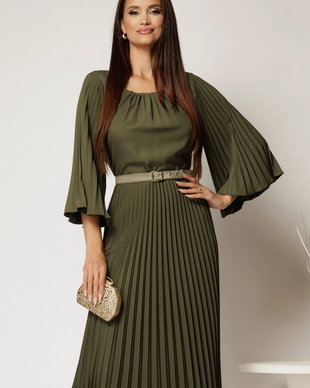 Rochie midi kaki plisata cu croi clos si decolteu rotund cu pliuri
