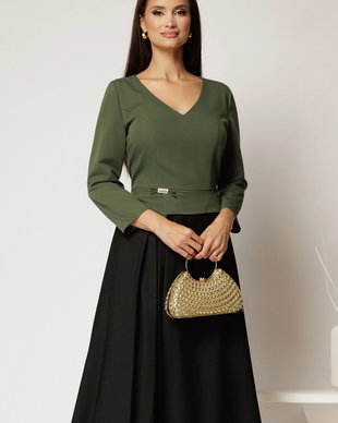 Rochie midi de zi neagra cu bust kaki cu adaos de lana si viscoza