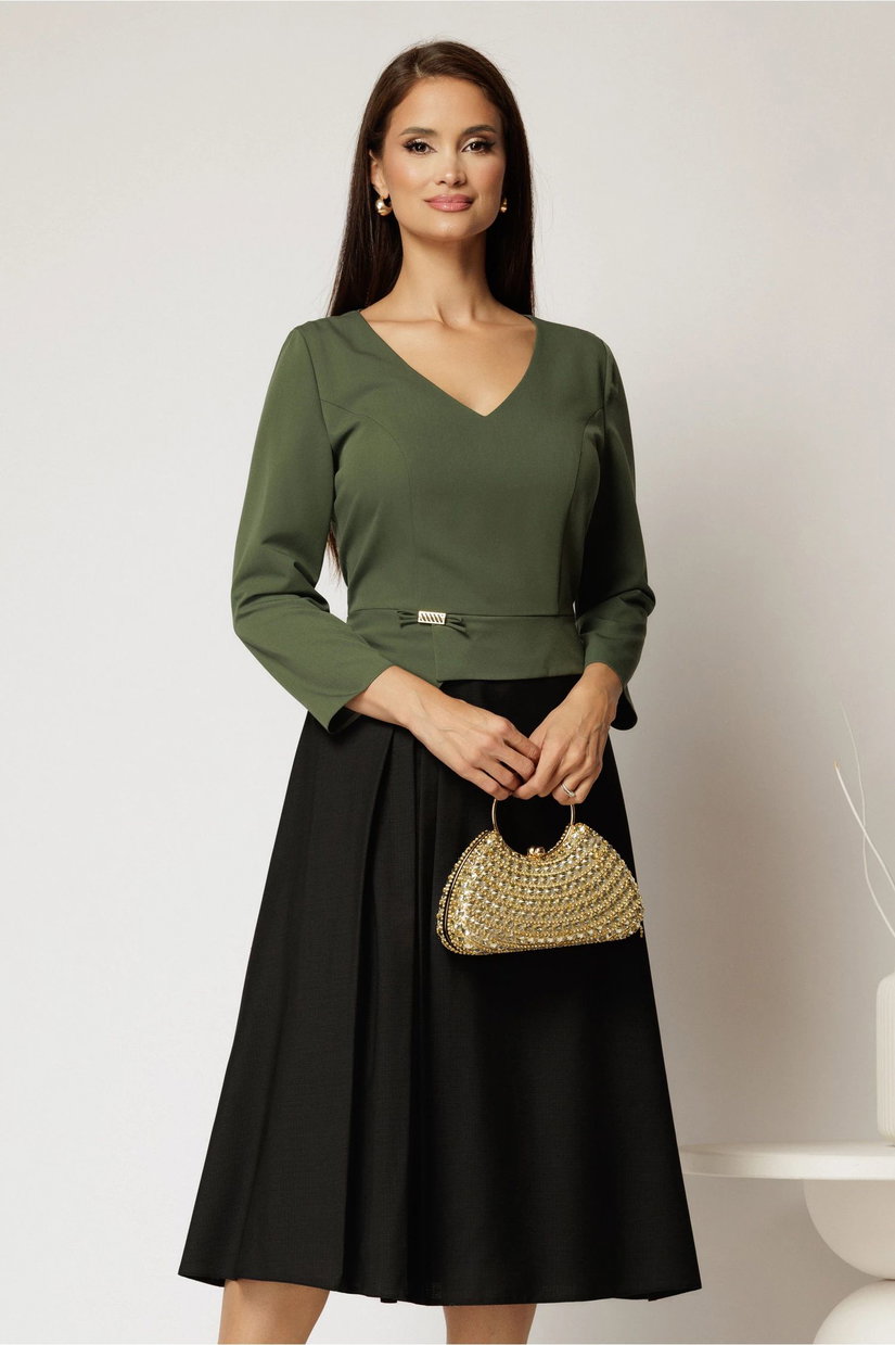 Rochie midi de zi neagra cu bust kaki cu adaos de lana si viscoza